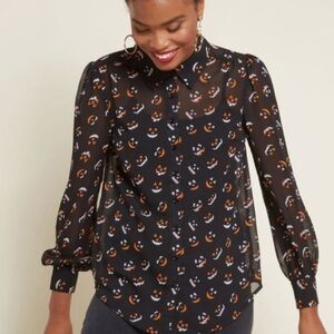 ModCloth Halloween Pumpkin Jack O Lantern Button Front Blouse Black Orange 4X